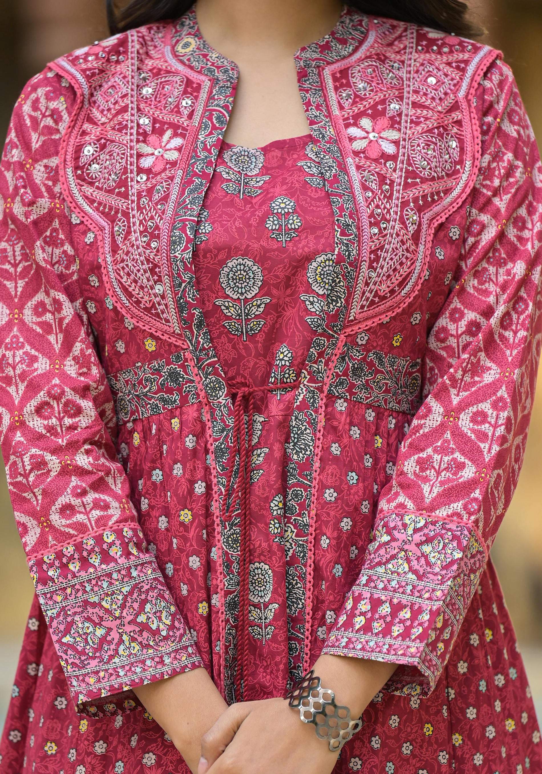 Juniper Maroon Floral Printed Cotton Long Dress With Shrug | Grocsy