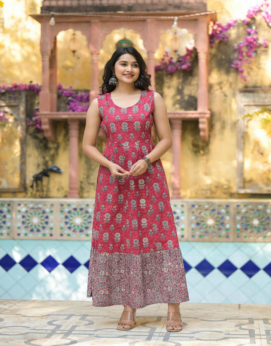 Juniper Maroon Floral Printed Cotton Long Dress With Shrug | Grocsy