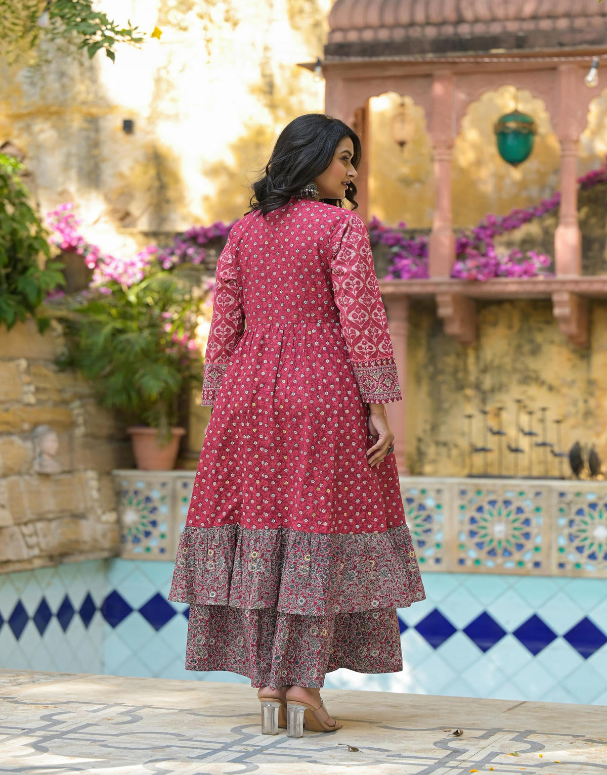 Juniper Maroon Floral Printed Cotton Long Dress With Shrug | Grocsy