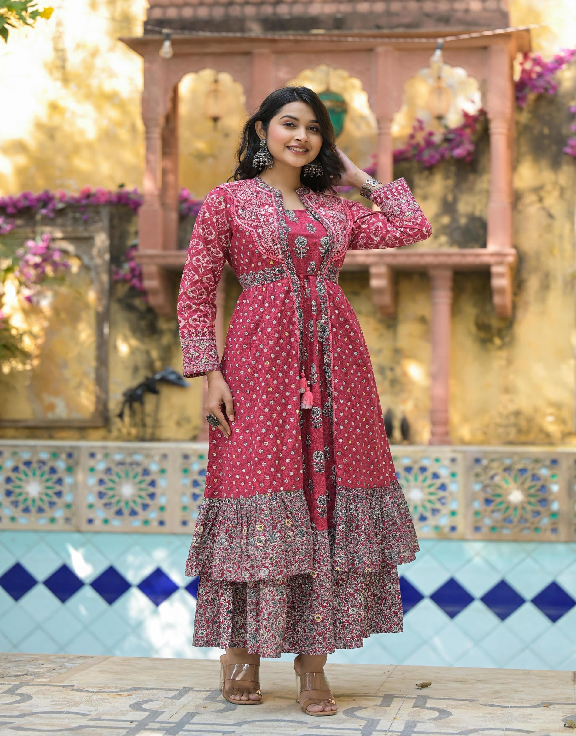 Juniper Maroon Floral Printed Cotton Long Dress With Shrug | Grocsy