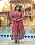 Juniper Maroon Floral Printed Cotton Long Dress With Shrug | Grocsy