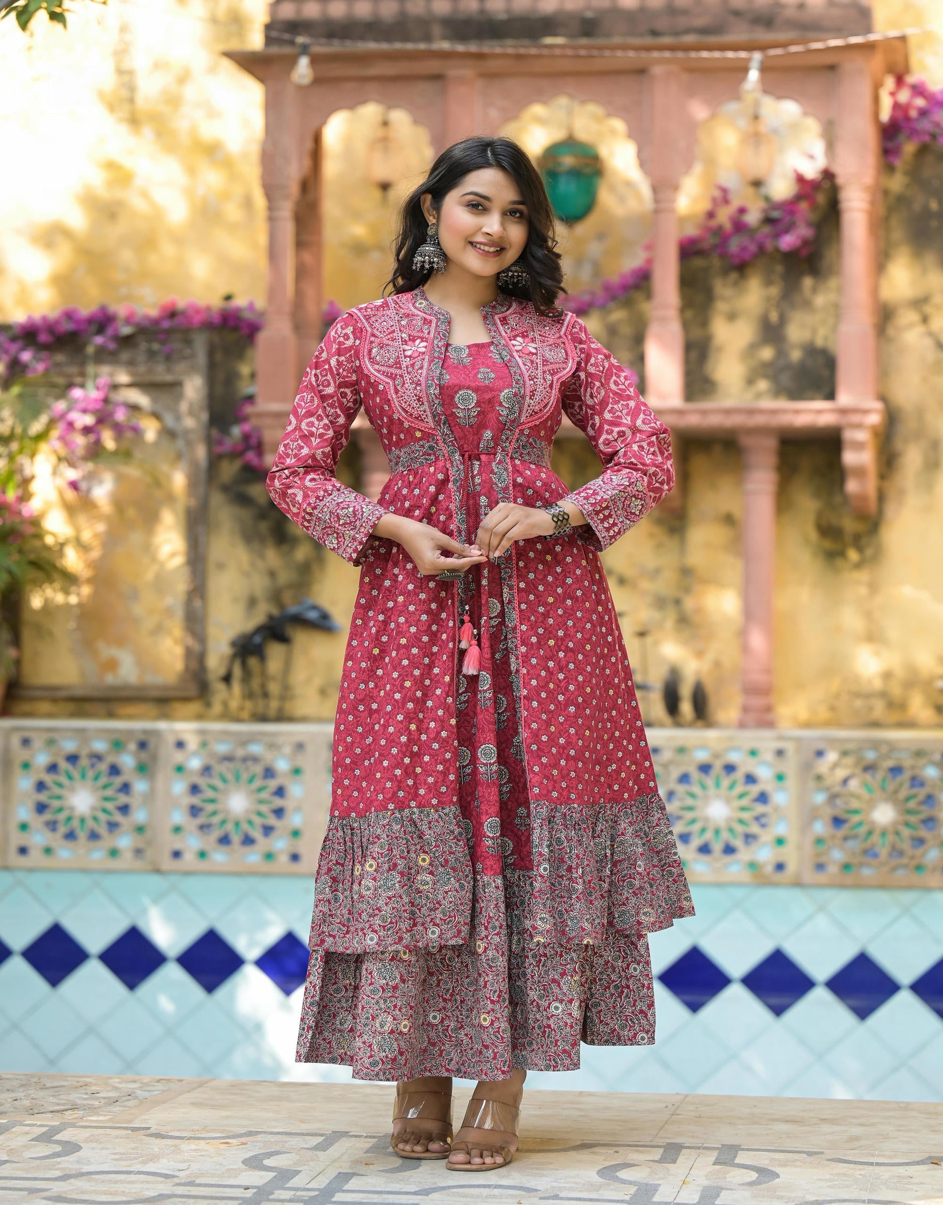Juniper Maroon Floral Printed Cotton Long Dress With Shrug | Grocsy