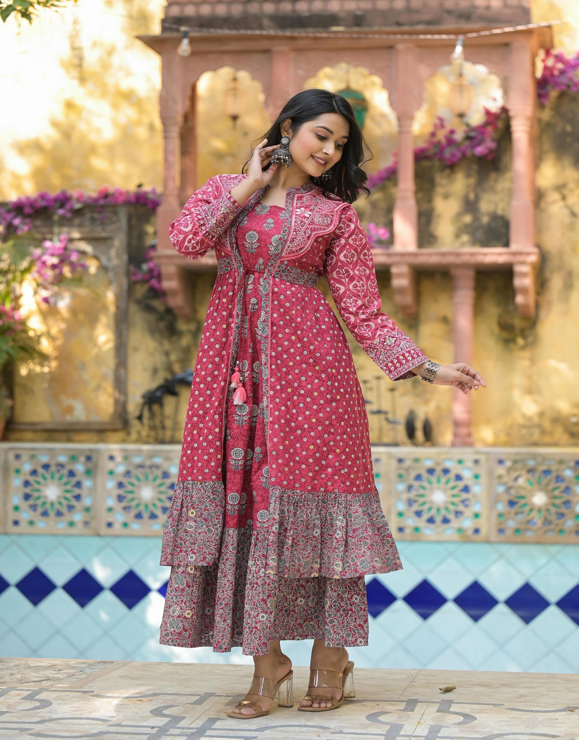 Juniper Maroon Floral Printed Cotton Long Dress With Shrug | Grocsy
