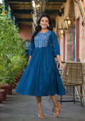 Juniper Women's Indigo Solid Cotton Long Dress With Thread Embroidery | Grocsy