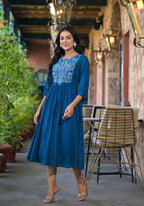 Juniper Indigo Solid Cotton Long Dress With Thread Embroidery | Grocsy