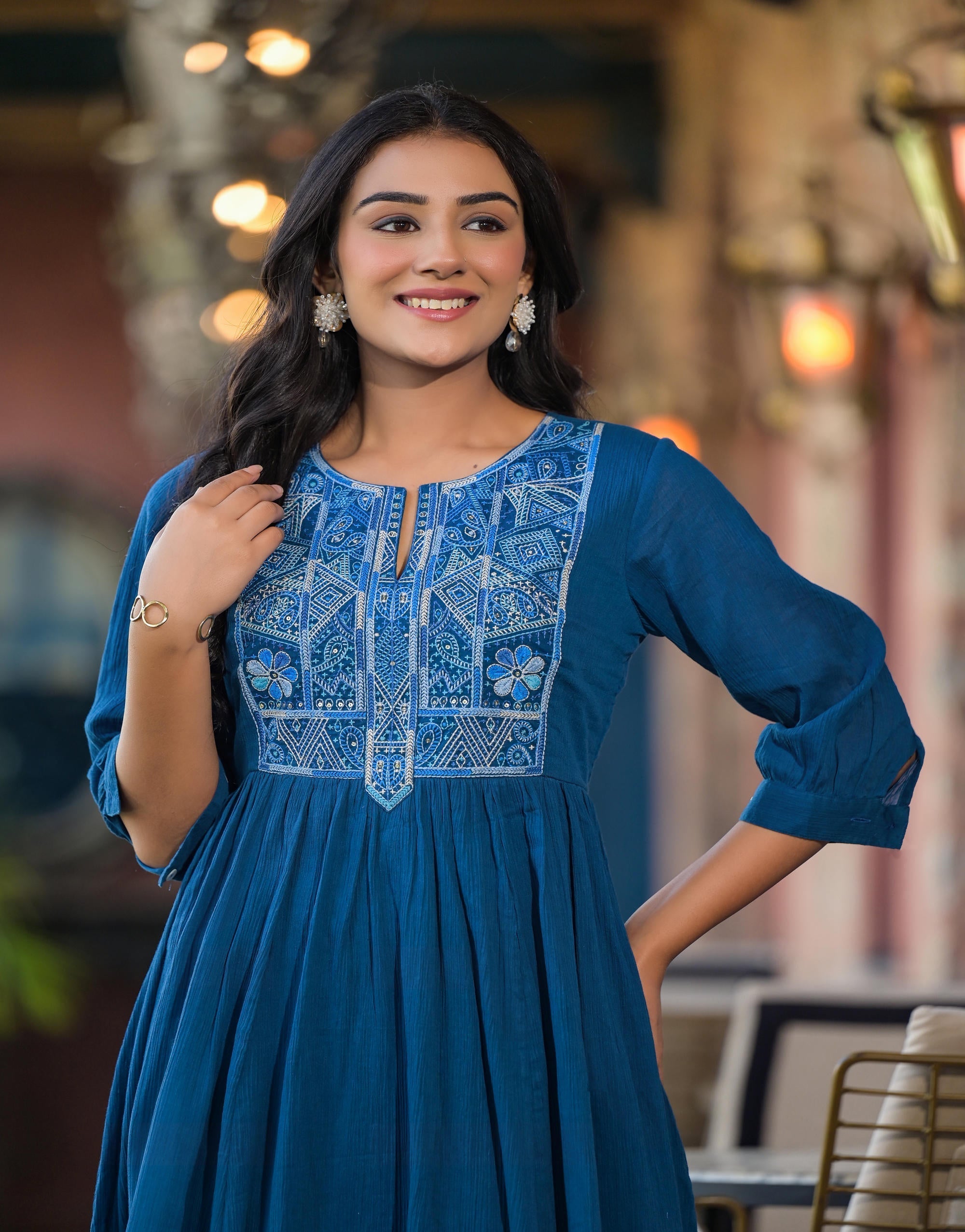 Juniper Indigo Solid Cotton Long Dress With Thread Embroidery | Grocsy