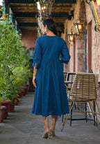 Juniper Indigo Solid Cotton Long Dress With Thread Embroidery | Grocsy