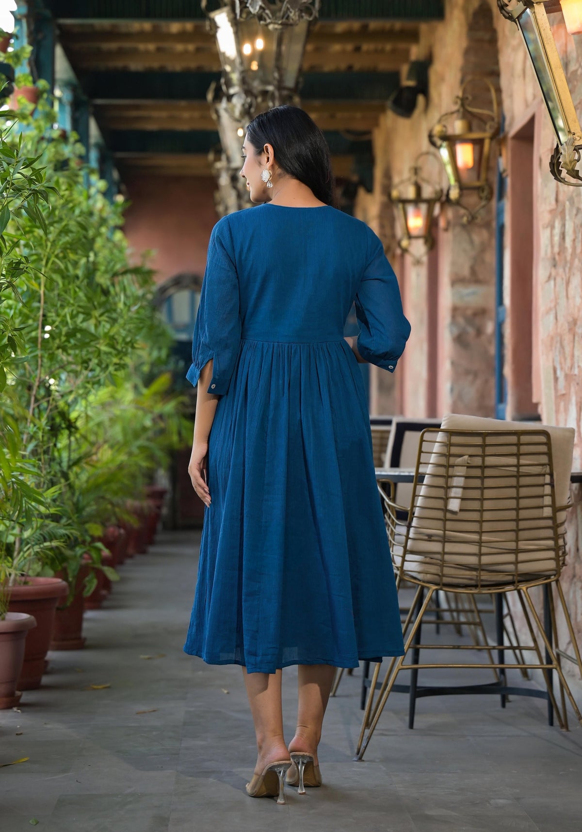 Juniper Indigo Solid Cotton Long Dress With Thread Embroidery | Grocsy