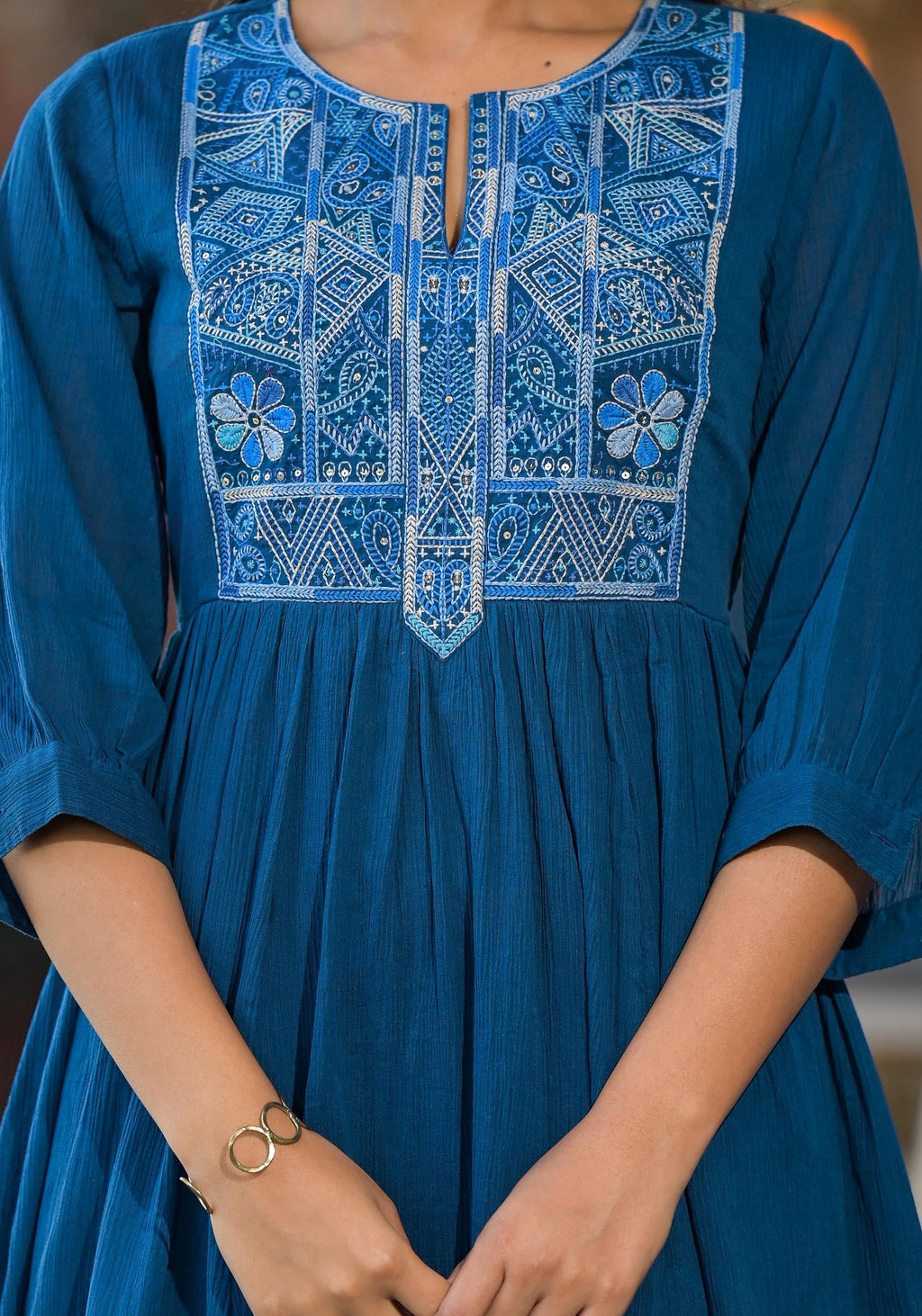 Juniper Women's Indigo Solid Cotton Long Dress With Thread Embroidery | Grocsy