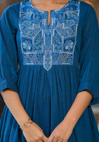 Juniper Women's Indigo Solid Cotton Long Dress With Thread Embroidery | Grocsy
