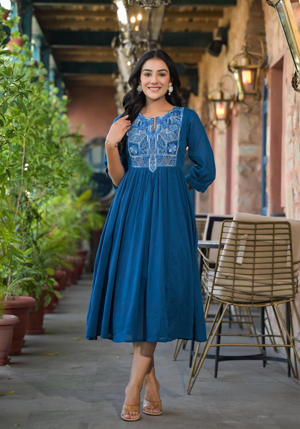 Juniper Women's Indigo Solid Cotton Long Dress With Thread Embroidery | Grocsy