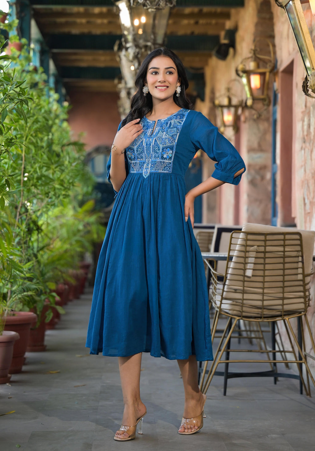 Juniper Women's Indigo Solid Cotton Long Dress With Thread Embroidery | Grocsy