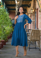Juniper Women's Indigo Solid Cotton Long Dress With Thread Embroidery | Grocsy