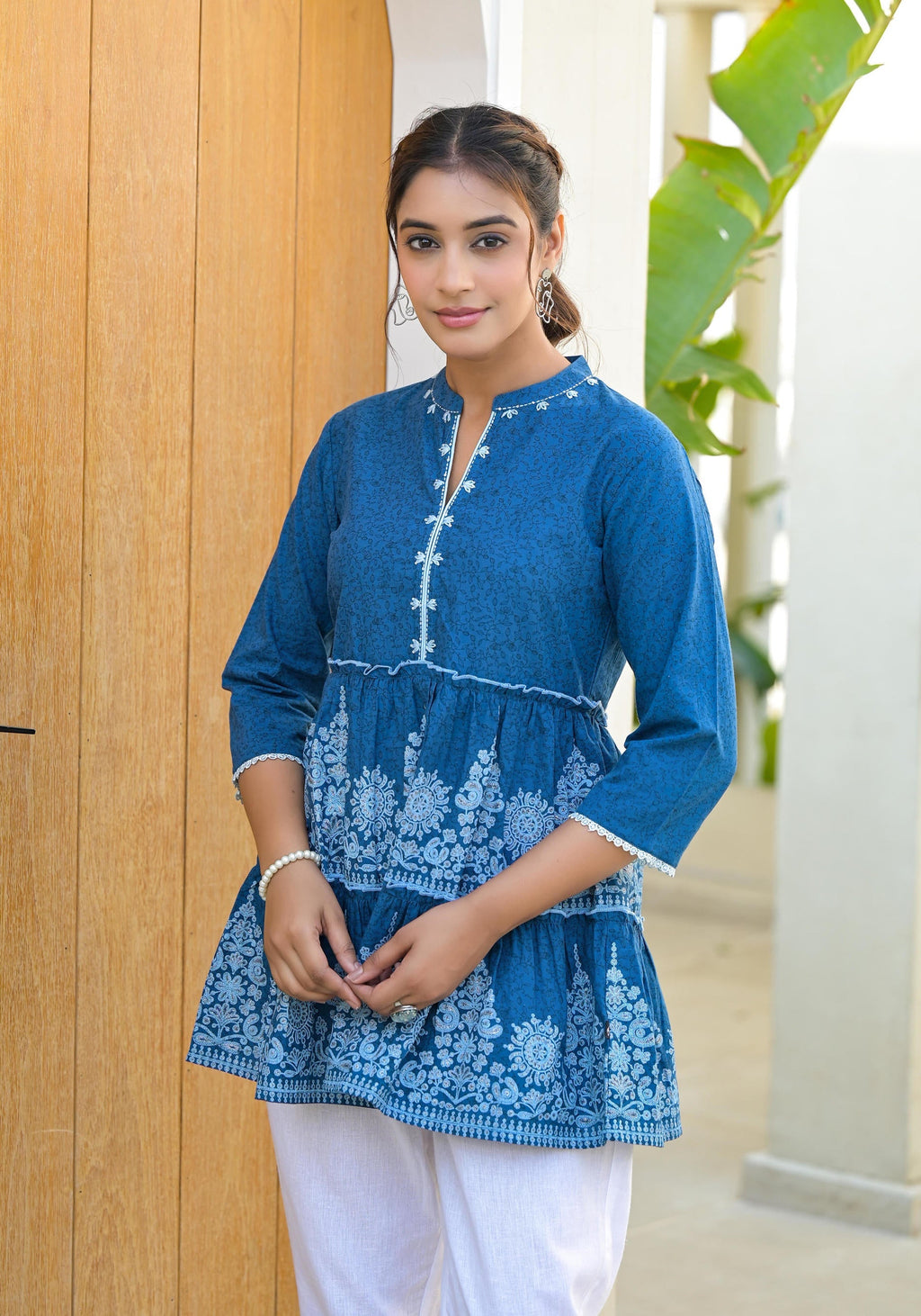 Juniper Indigo Ethnic Motif Printed Cotton Tunic With Thread Work & Sequins | Grocsy