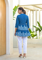 Juniper Indigo Ethnic Motif Printed Cotton Tunic With Thread Work & Sequins | Grocsy