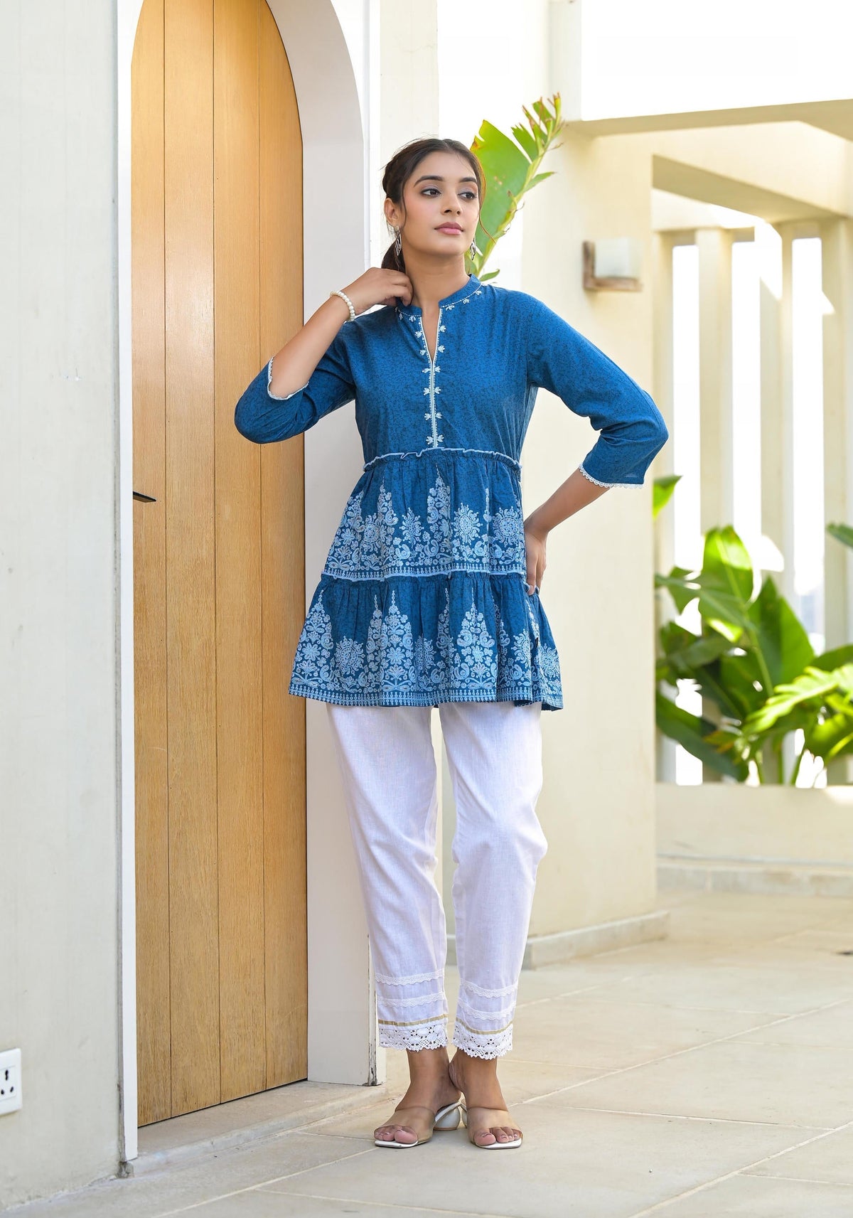 Juniper Indigo Ethnic Motif Printed Cotton Tunic With Thread Work & Sequins | Grocsy