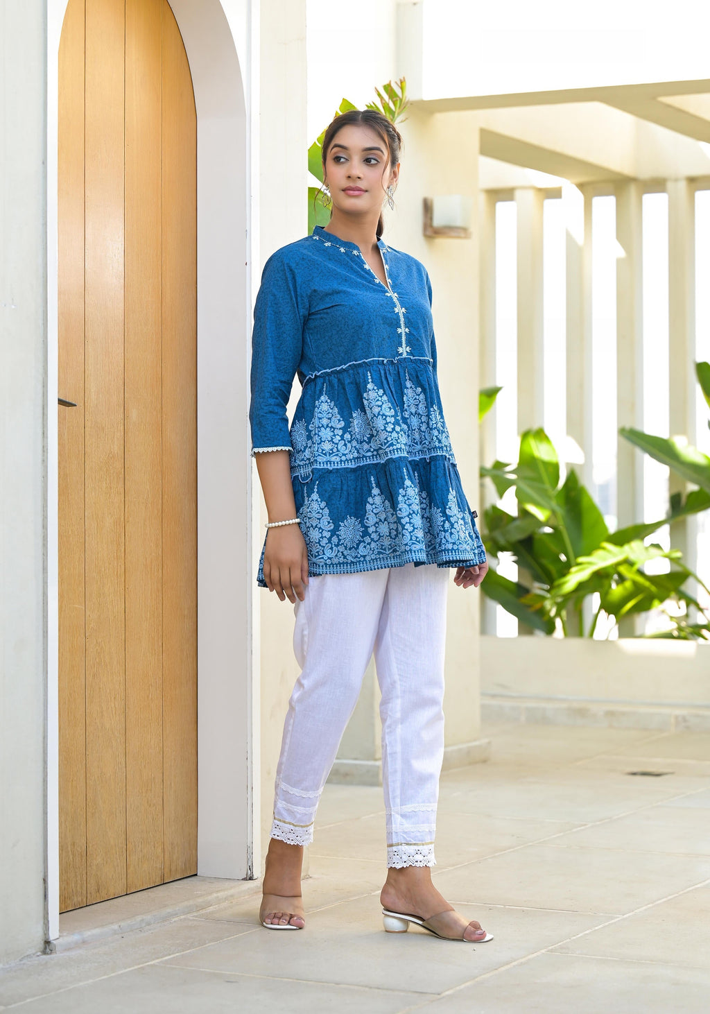 Juniper Indigo Ethnic Motif Printed Cotton Tunic With Thread Work & Sequins | Grocsy