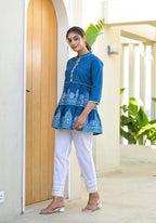 Juniper Indigo Ethnic Motif Printed Cotton Tunic With Thread Work & Sequins | Grocsy