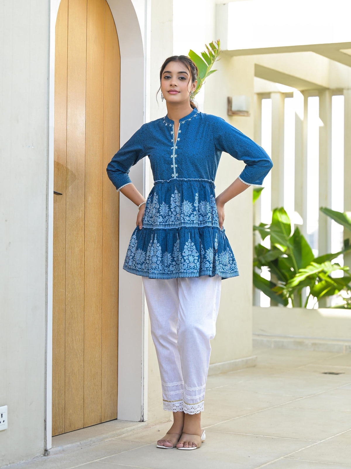 Juniper Indigo Ethnic Motif Printed Cotton Tunic With Thread Work & Sequins | Grocsy
