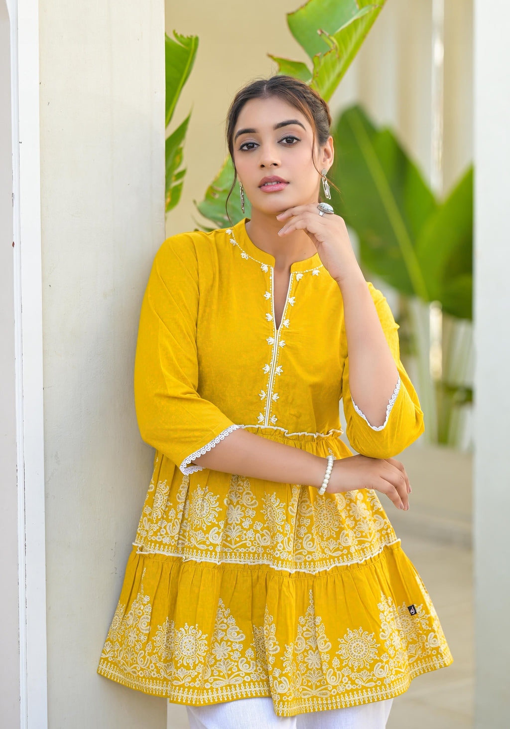 Juniper Mustard Ethnic Motif Printed Cotton Tunic With Thread Work & Sequins | Grocsy