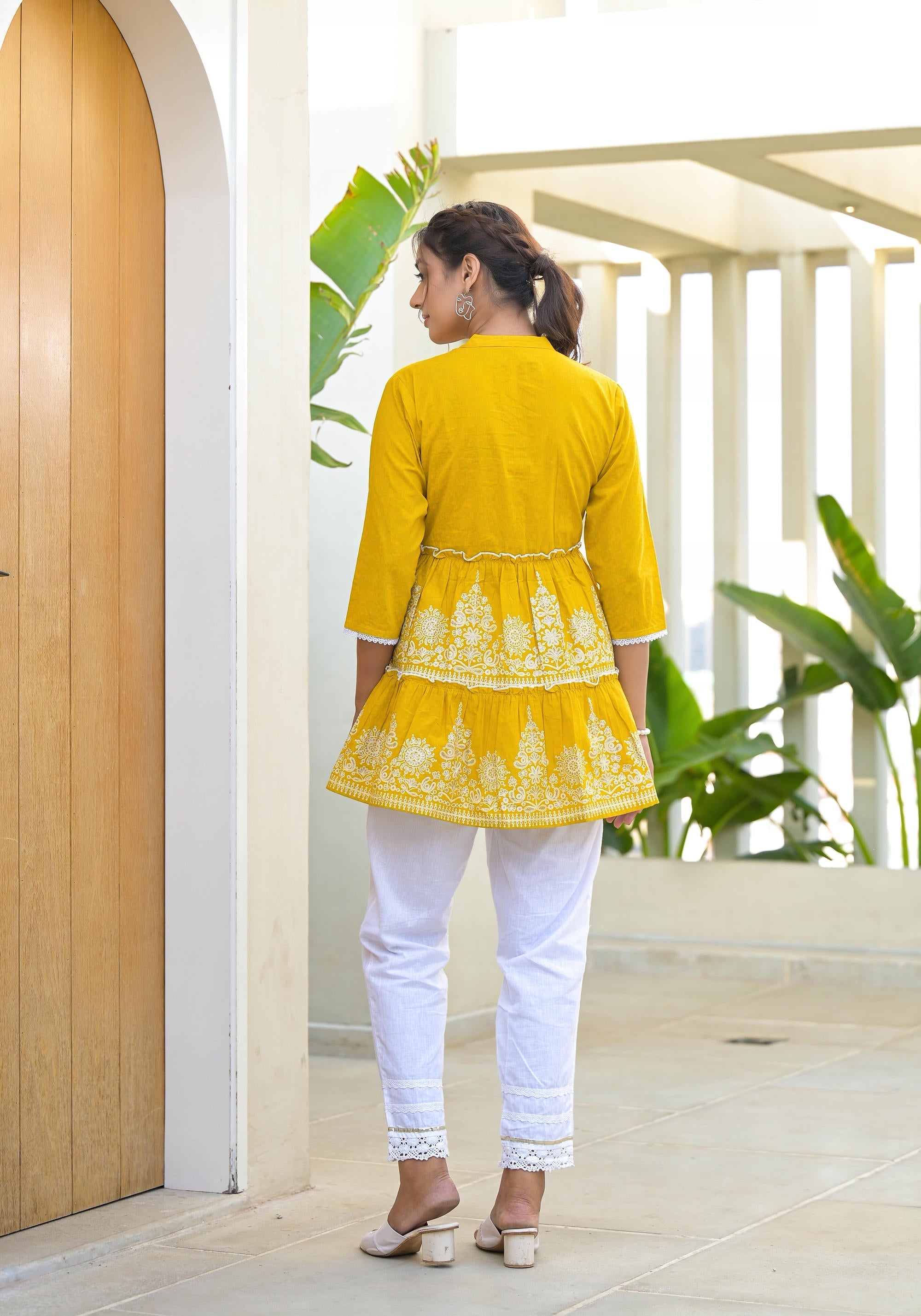 Juniper Mustard Ethnic Motif Printed Cotton Tunic With Thread Work & Sequins | Grocsy