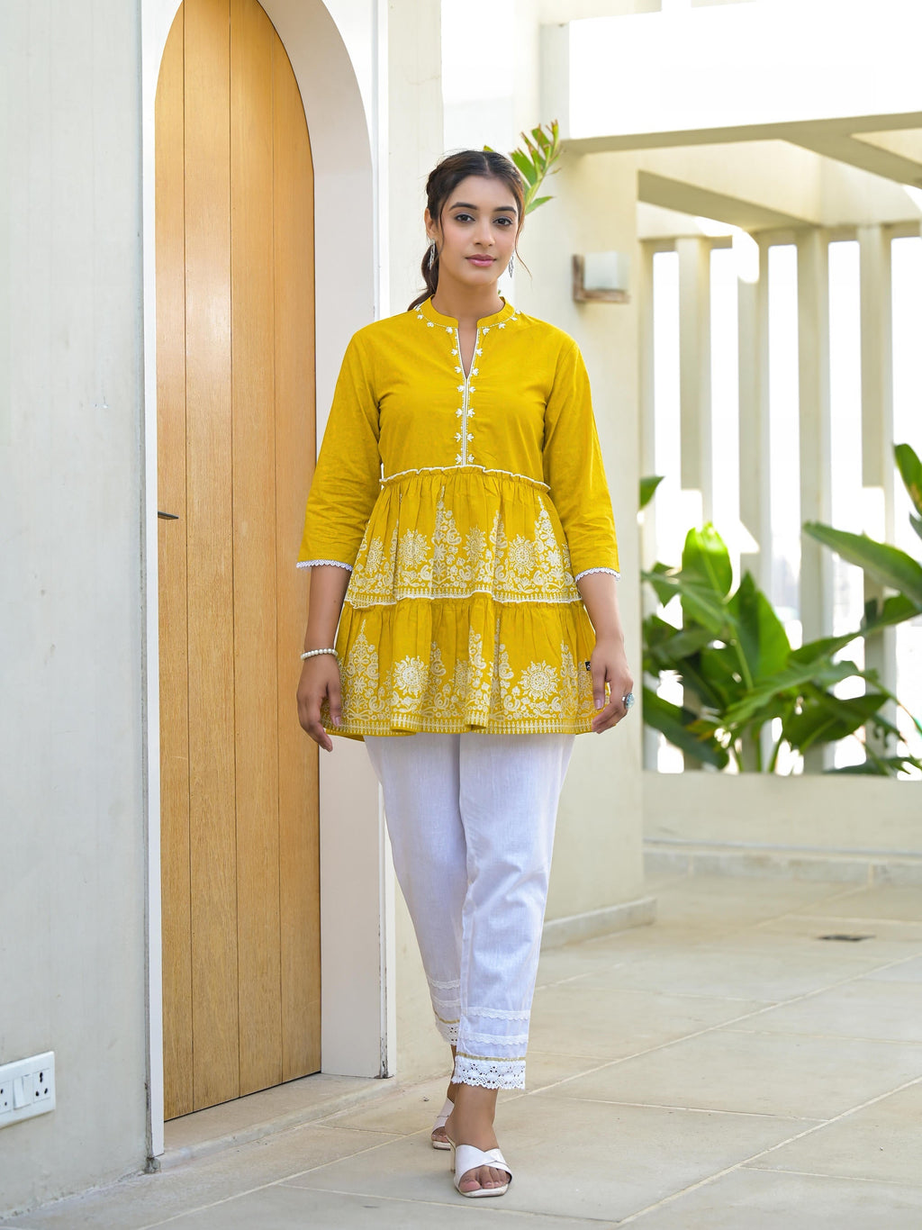 Juniper Mustard Ethnic Motif Printed Cotton Tunic With Thread Work & Sequins | Grocsy