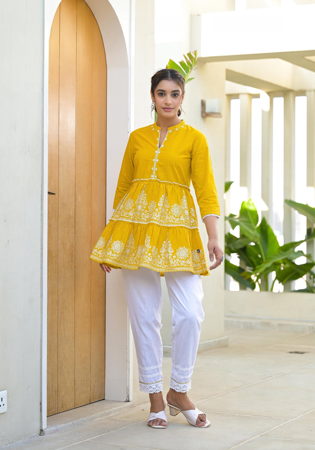 Juniper Mustard Ethnic Motif Printed Cotton Tunic With Thread Work & Sequins | Grocsy