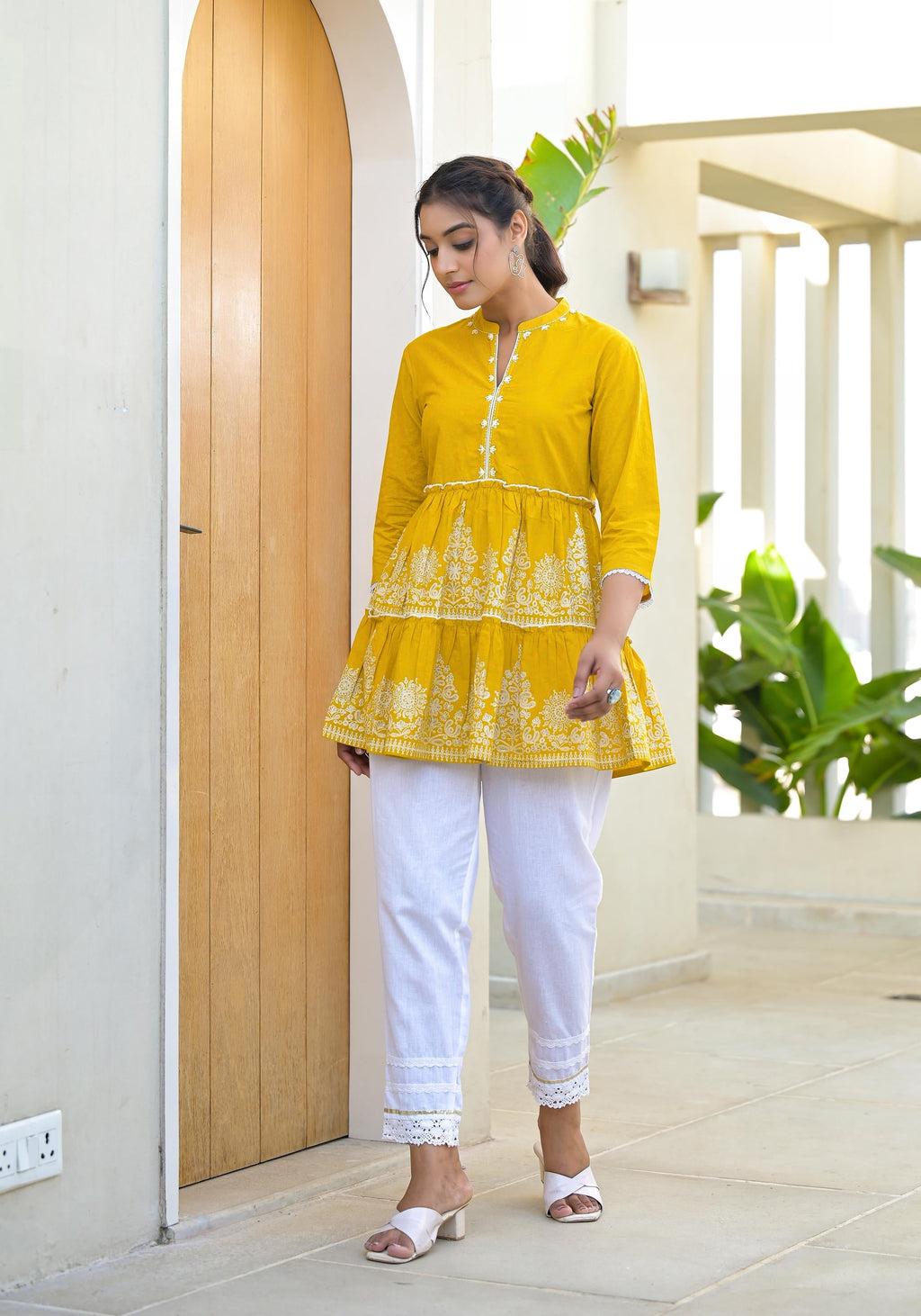 Juniper Mustard Ethnic Motif Printed Cotton Tunic With Thread Work & Sequins | Grocsy
