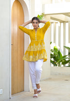 Juniper Mustard Ethnic Motif Printed Cotton Tunic With Thread Work & Sequins | Grocsy