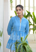 Juniper Powder Blue Ethnic Motif Printed Cotton Tunic With Thread Work & Sequins | Grocsy