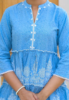 Juniper Powder Blue Ethnic Motif Printed Cotton Tunic With Thread Work & Sequins | Grocsy
