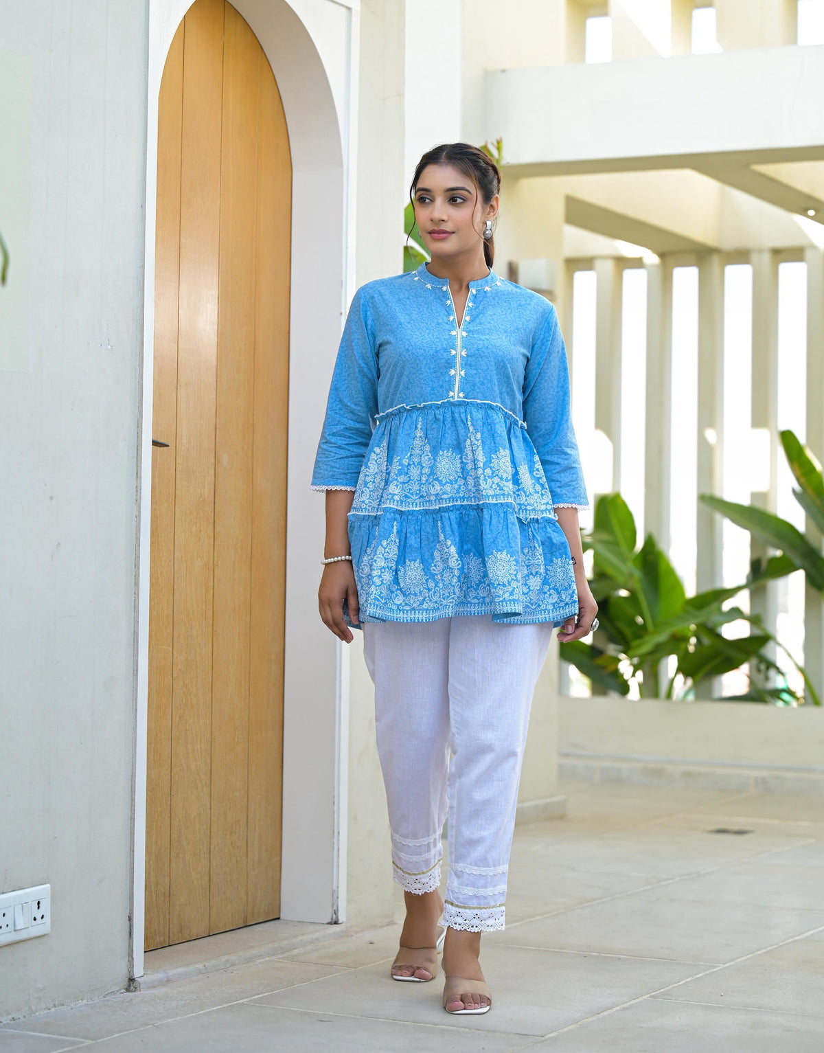 Juniper Powder Blue Ethnic Motif Printed Cotton Tunic With Thread Work & Sequins | Grocsy
