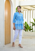 Juniper Powder Blue Ethnic Motif Printed Cotton Tunic With Thread Work & Sequins | Grocsy