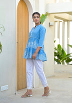Juniper Powder Blue Ethnic Motif Printed Cotton Tunic With Thread Work & Sequins | Grocsy