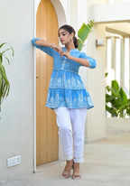 Juniper Powder Blue Ethnic Motif Printed Cotton Tunic With Thread Work & Sequins | Grocsy