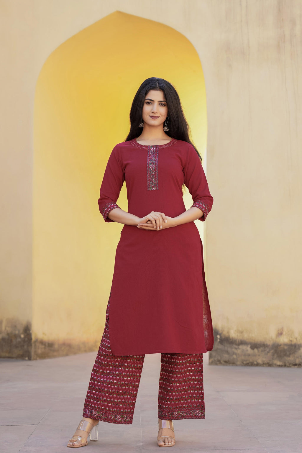 Juniper Maroon Floral Printed Viscose Kurta & Palazzo With Thread Work | Grocsy