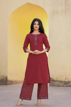 Juniper Maroon Floral Printed Viscose Kurta & Palazzo With Thread Work | Grocsy