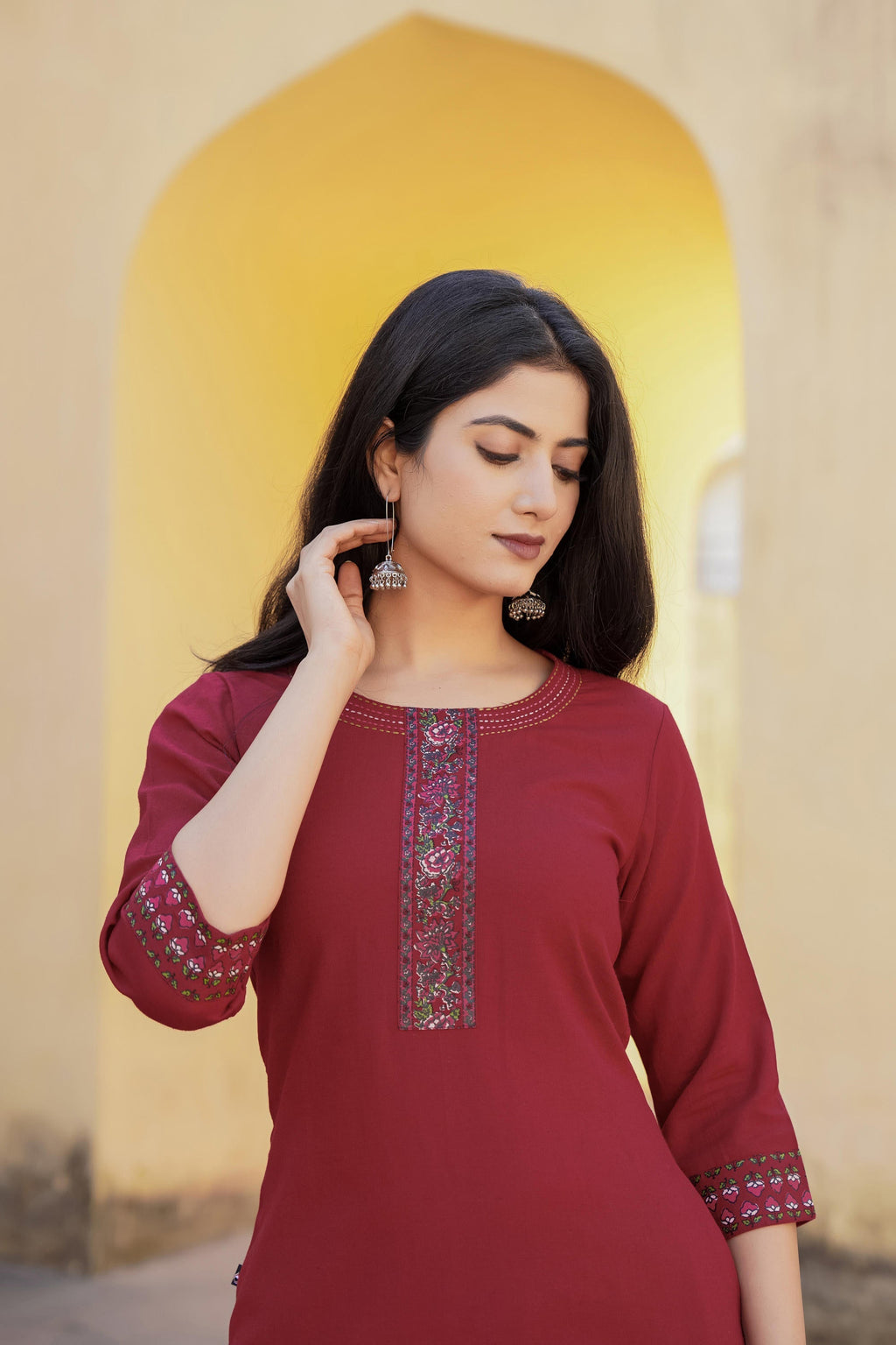 Juniper Maroon Floral Printed Viscose Kurta & Palazzo With Thread Work | Grocsy