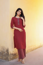 Juniper Maroon Floral Printed Viscose Kurta & Palazzo With Thread Work | Grocsy
