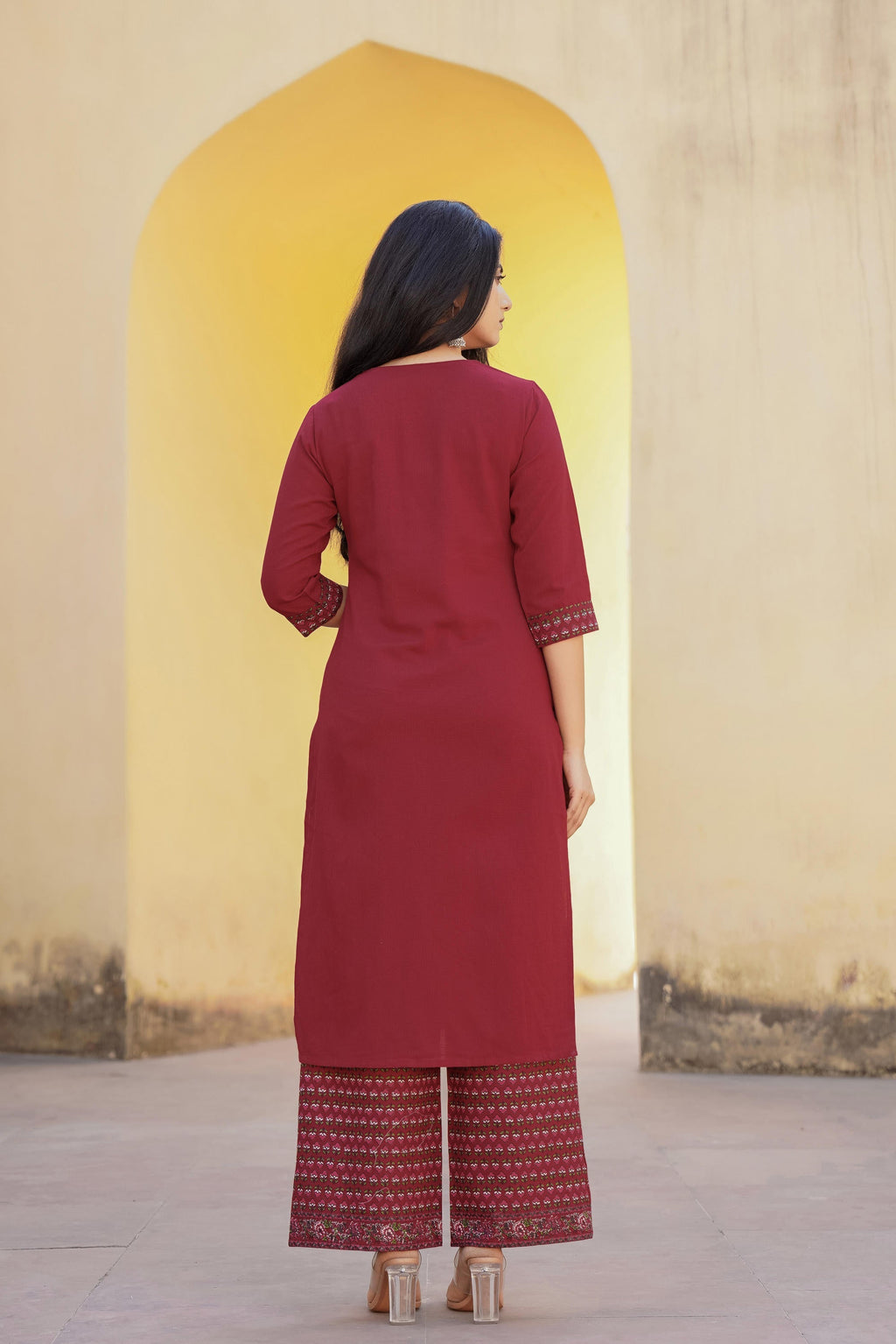 Juniper Maroon Floral Printed Viscose Kurta & Palazzo With Thread Work | Grocsy