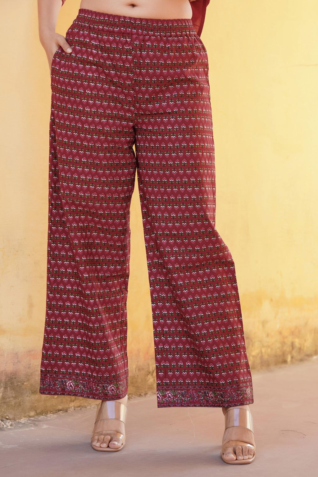 Juniper Maroon Floral Printed Viscose Kurta & Palazzo With Thread Work | Grocsy
