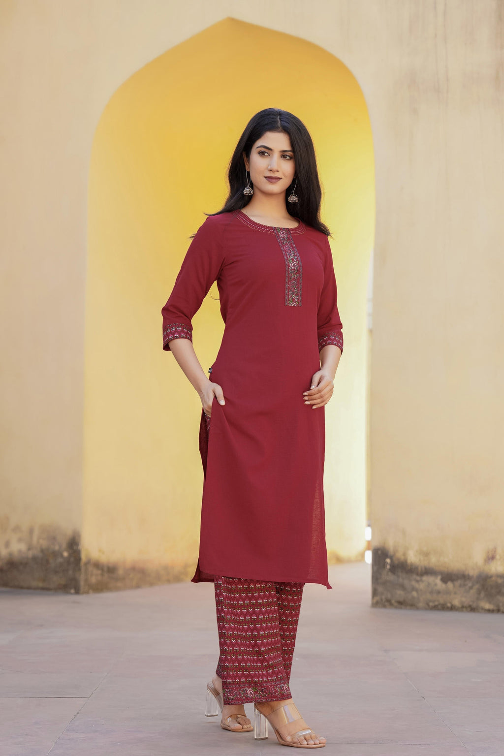 Juniper Maroon Floral Printed Viscose Kurta & Palazzo With Thread Work | Grocsy
