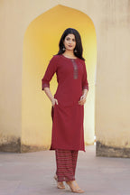 Juniper Maroon Floral Printed Viscose Kurta & Palazzo With Thread Work | Grocsy
