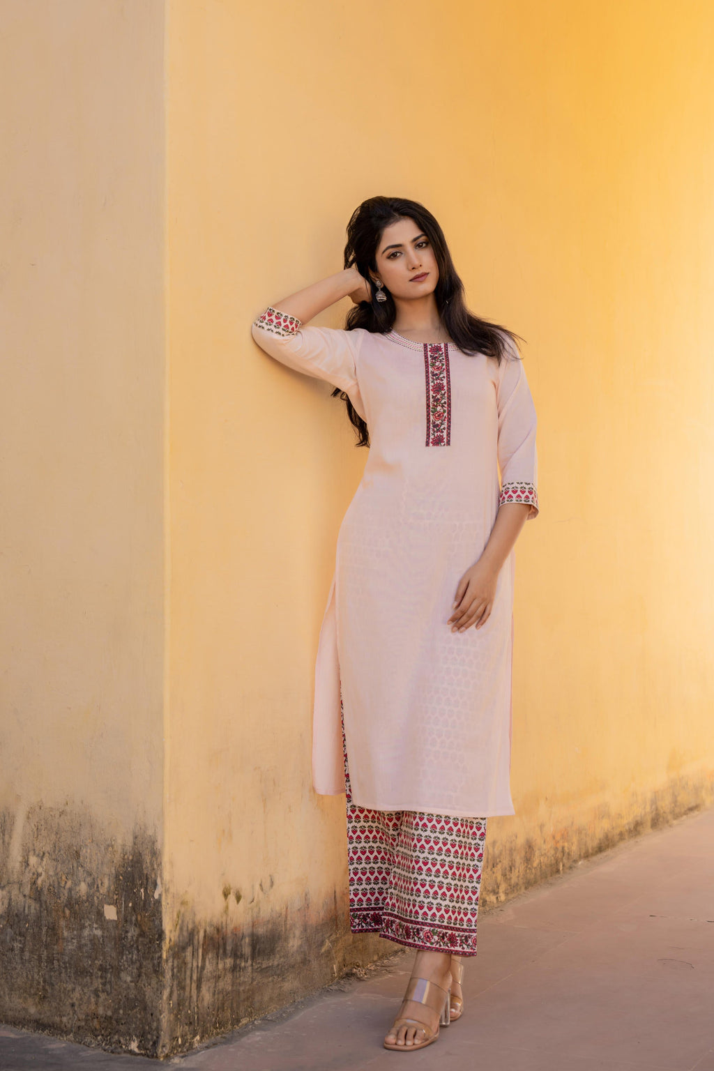 Juniper Peach Floral Printed Viscose Kurta & Palazzo With Thread Work | Grocsy