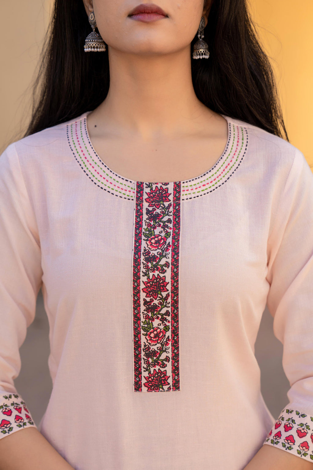 Juniper Peach Floral Printed Viscose Kurta & Palazzo With Thread Work | Grocsy