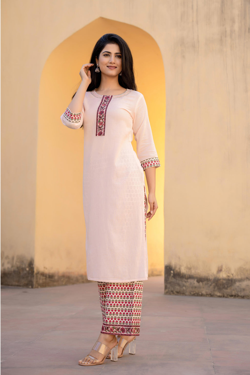 Juniper Peach Floral Printed Viscose Kurta & Palazzo With Thread Work | Grocsy