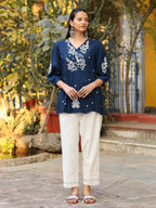 Juniper Blue Embroidered V-Neck Peasant Tunic With 3/4 Sleeves | Grocsy