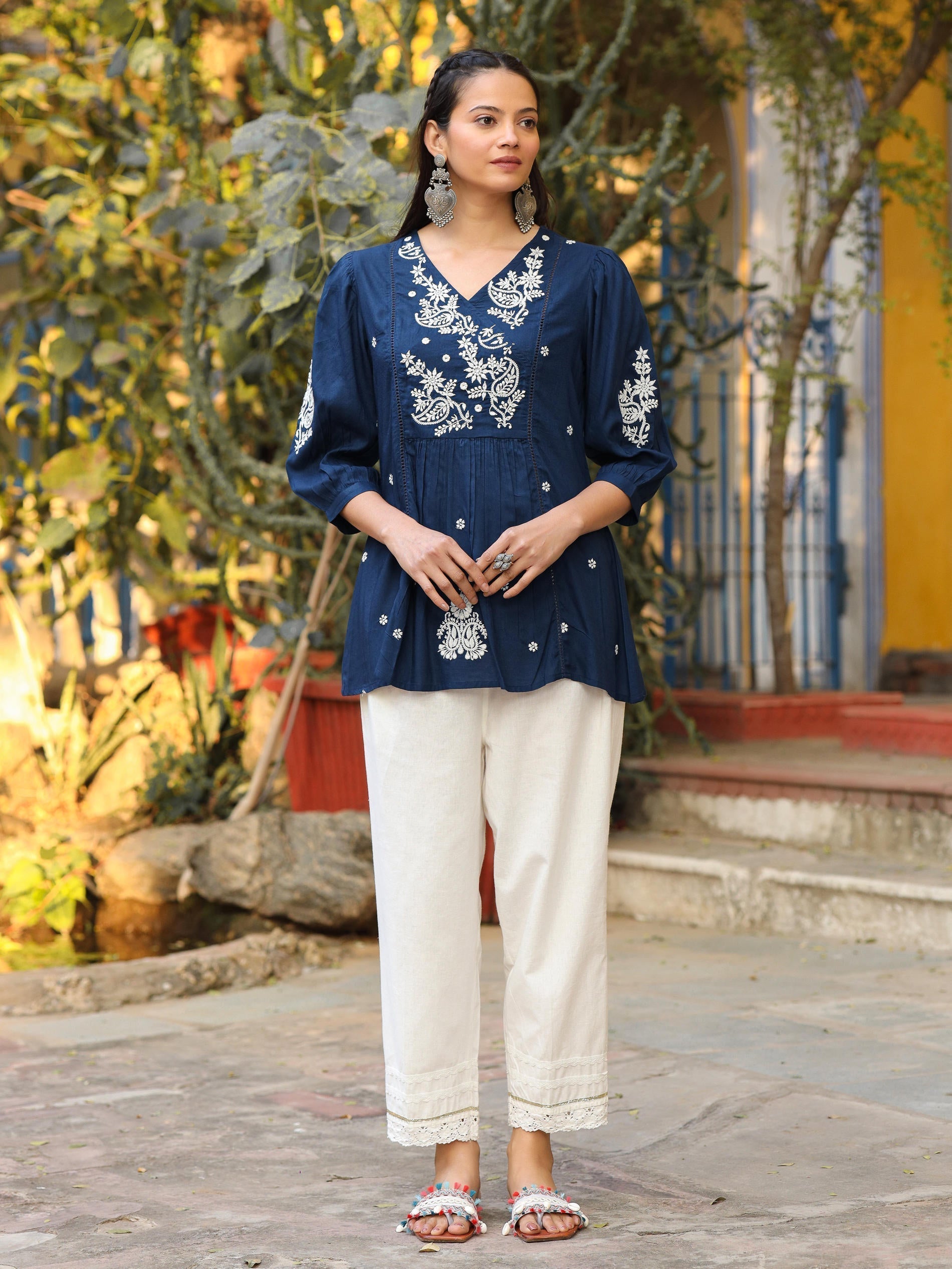 Juniper Blue Embroidered V-Neck Peasant Tunic With 3/4 Sleeves | Grocsy