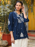 Juniper Blue Embroidered V-Neck Peasant Tunic With 3/4 Sleeves | Grocsy