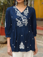 Juniper Blue Embroidered V-Neck Peasant Tunic With 3/4 Sleeves | Grocsy